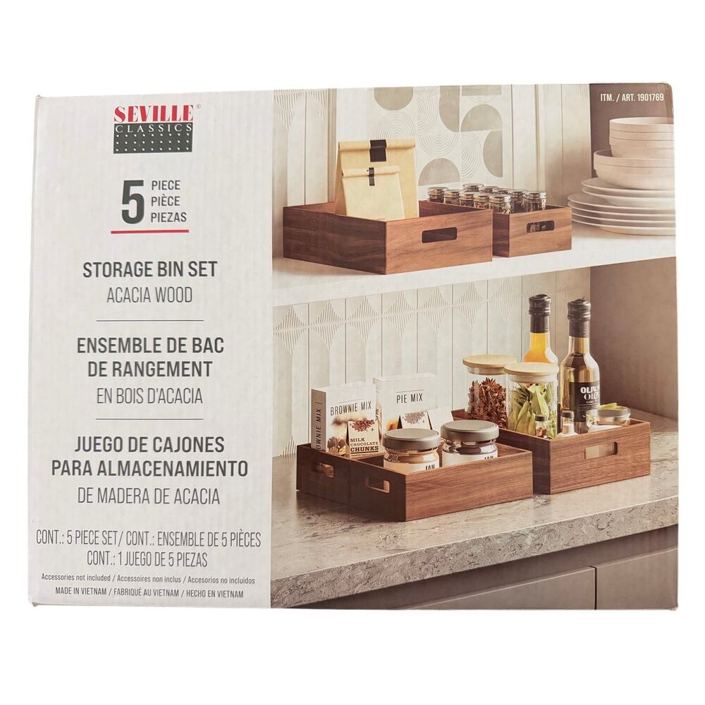 Seville Classics Acacia Wood Storage Bin Set 5 Piece Organizer